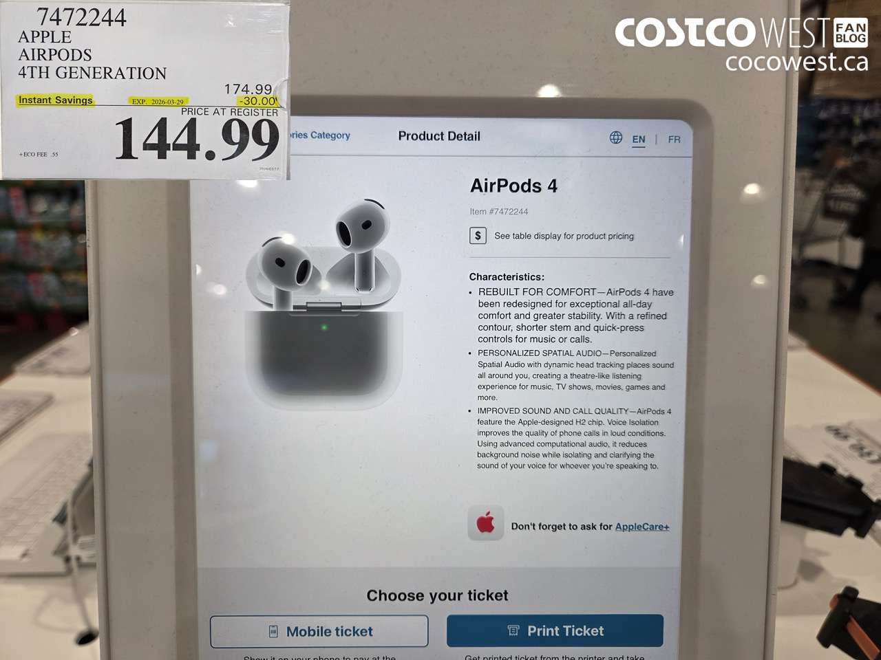 7472244 APPLE AIRPODS 4TH GENERATION ($30.00 INSTANT SAVINGS EXPIRES ON 2026-03-29) $144.99