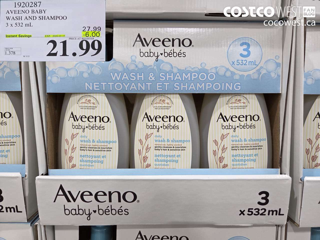 1920287 AVEENO BABY WASH AND SHAMPOO 3 X 532 ML ($6.00 INSTANT SAVINGS EXPIRES ON 2026-03-15) $21.99