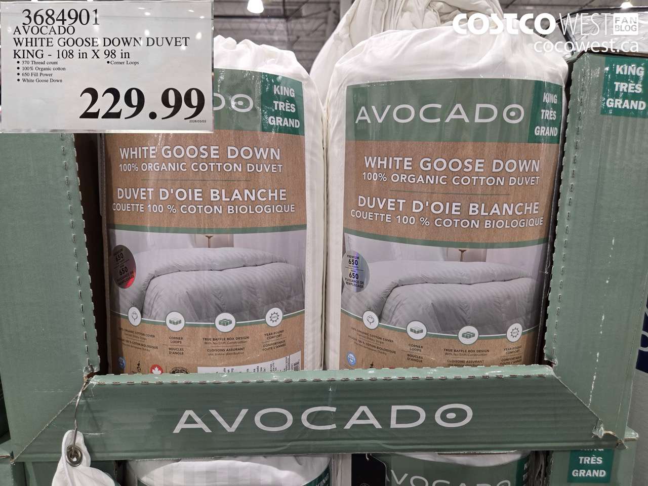 3684901 AVOCADO WHITE GOOSE DOWN DUVET KING - 108 IN X 98 IN $229.99