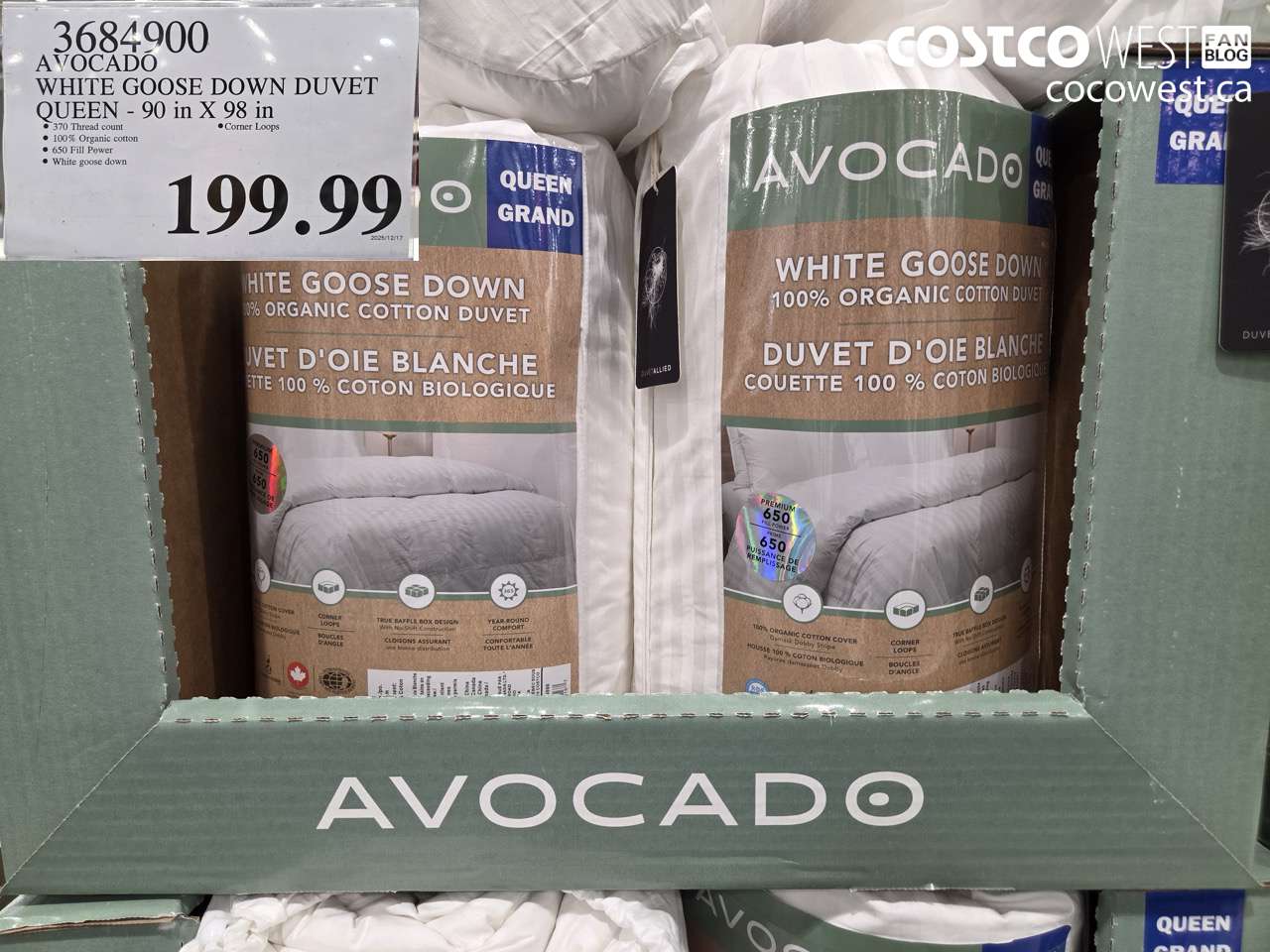 3684900 AVOCADO WHITE GOOSE DOWN DUVET QUEEN - 90 IN X 98 IN $199.99