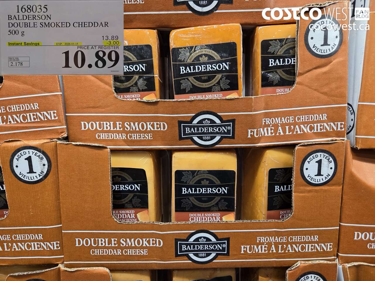 168035 BALDERSON DOUBLE SMOKED CHEDDAR 500G ($3.00 INSTANT SAVINGS EXPIRES ON 2026-03-15) $10.89