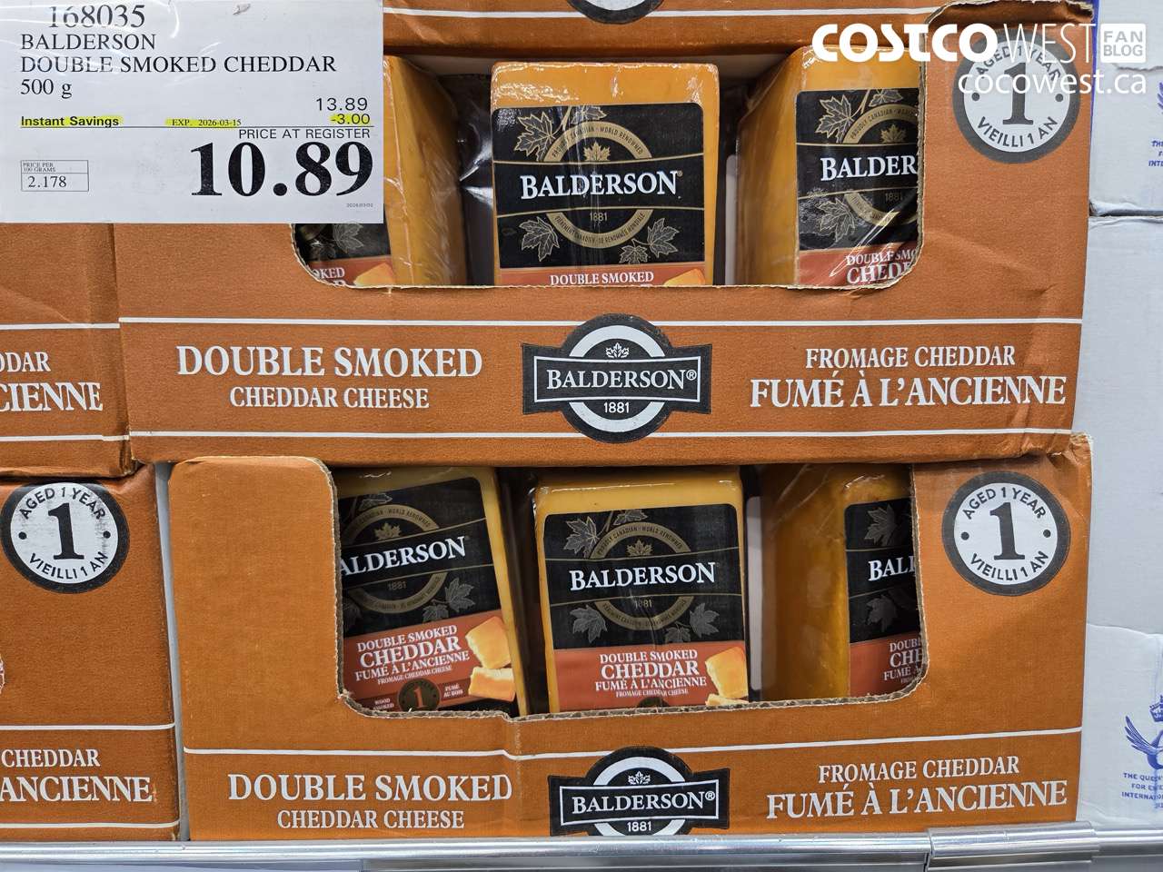 168035 BALDERSON DOUBLE SMOKED CHEDDAR 500 G ($3.00 INSTANT SAVINGS EXPIRES ON 2026-03-15) $10.89