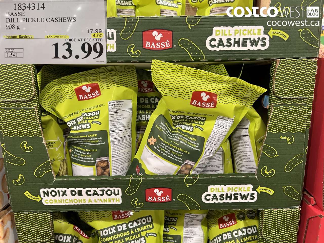1834314 BASSE DILL PICKLE CASHEWS 908G ($4.00 INSTANT SAVINGS EXPIRES ON 2026-03-19) $13.99