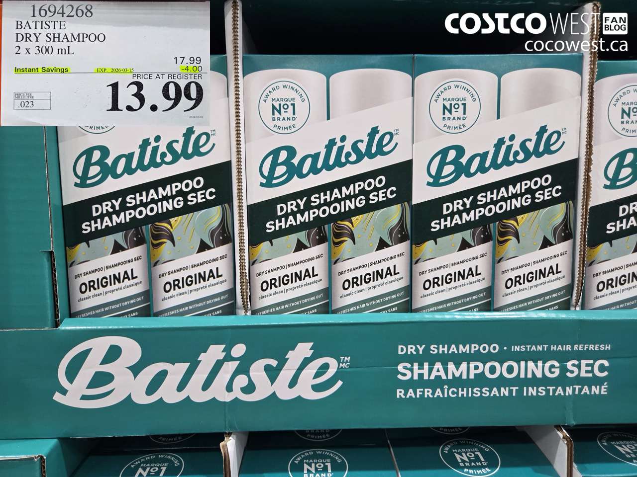 1694268 BATISTE DRY SHAMPOO 2 X 300 ML ($4.00 INSTANT SAVINGS EXPIRES ON 2026-03-15) $13.99