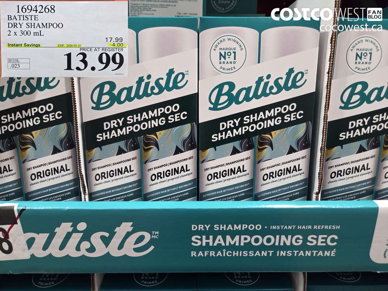 1694268 BATISTE DRY SHAMPOO 2 X 300 ML ($4.00 INSTANT SAVINGS EXPIRES ON 2026-03-15) $13.99