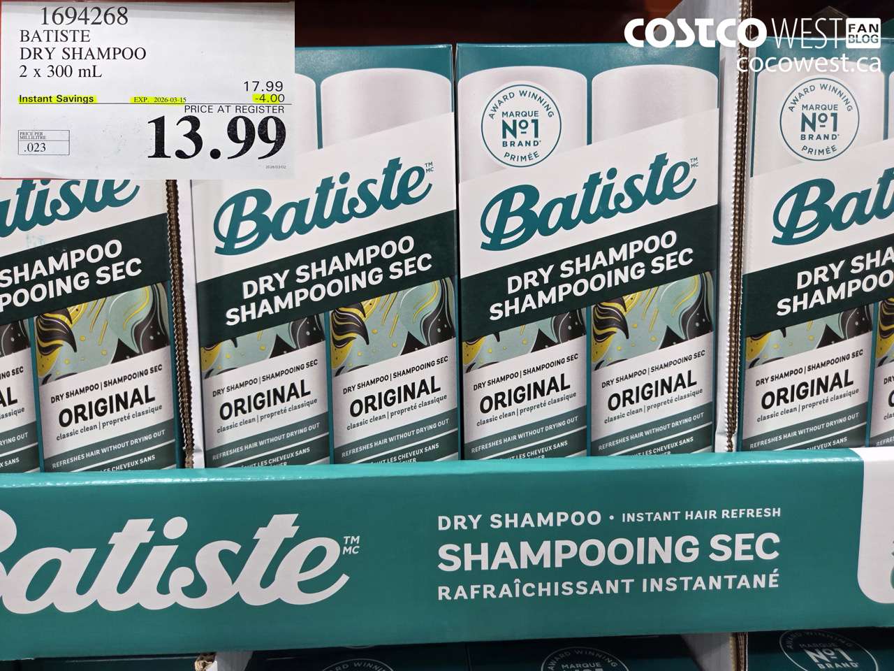 1694268 BATISTE DRY SHAMPOO 2 X 300 ML ($4.00 INSTANT SAVINGS EXPIRES ON 2026-03-15) $13.99
