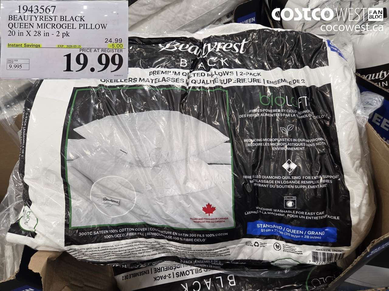 1943567 BEAUTYREST BLACK QUEEN MICROGEL PILLOW 20 IN X 28 IN - 2 PK ($5.00 INSTANT SAVINGS EXPIRES ON 2026-03-15) $19.99