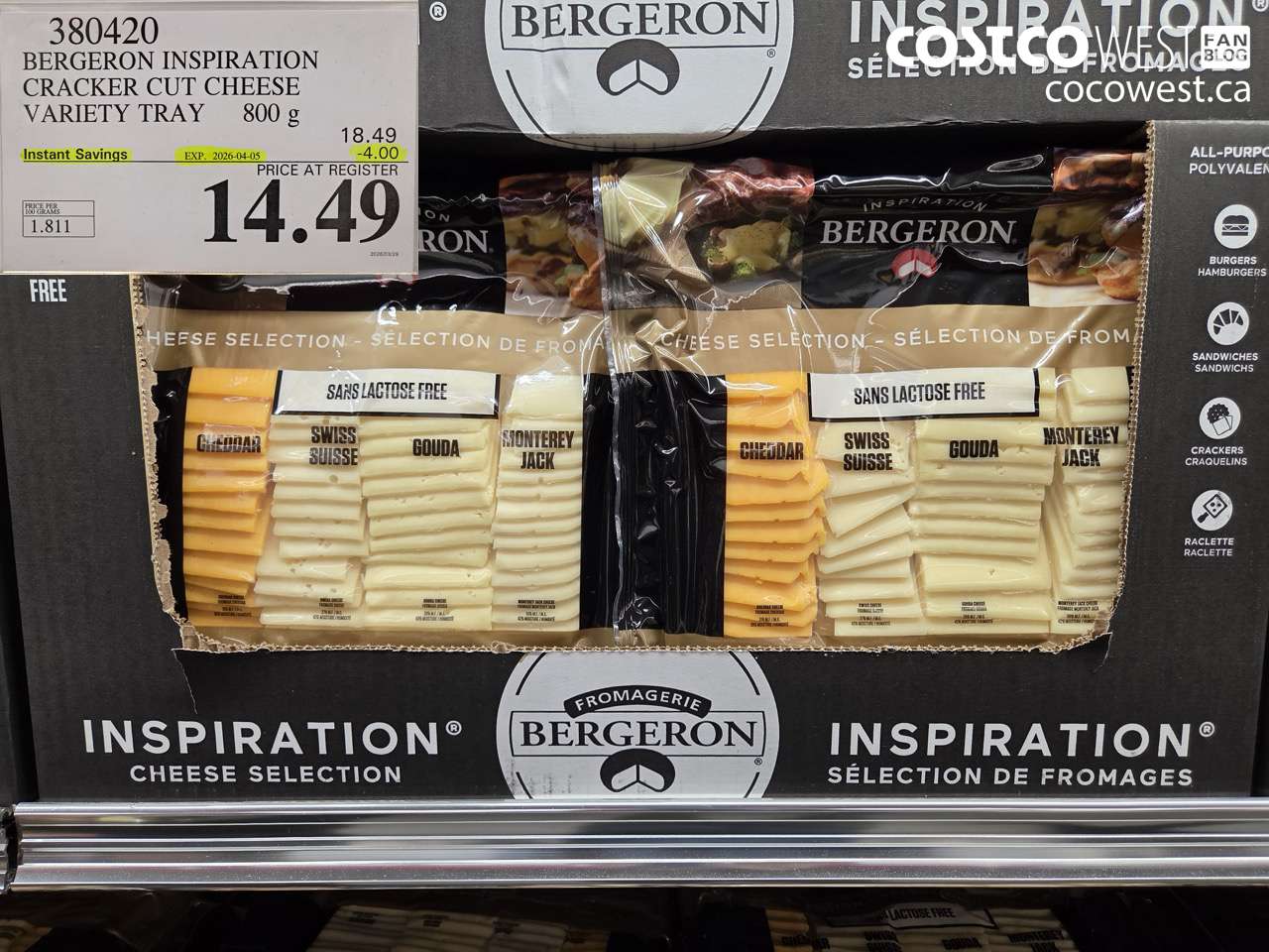 380420 BERGERON INSPIRATION CRACKER CUT CHEESE VARIETY TRAY 800G ($4.00 INSTANT SAVINGS EXPIRES ON 2026-04-05) $14.49
