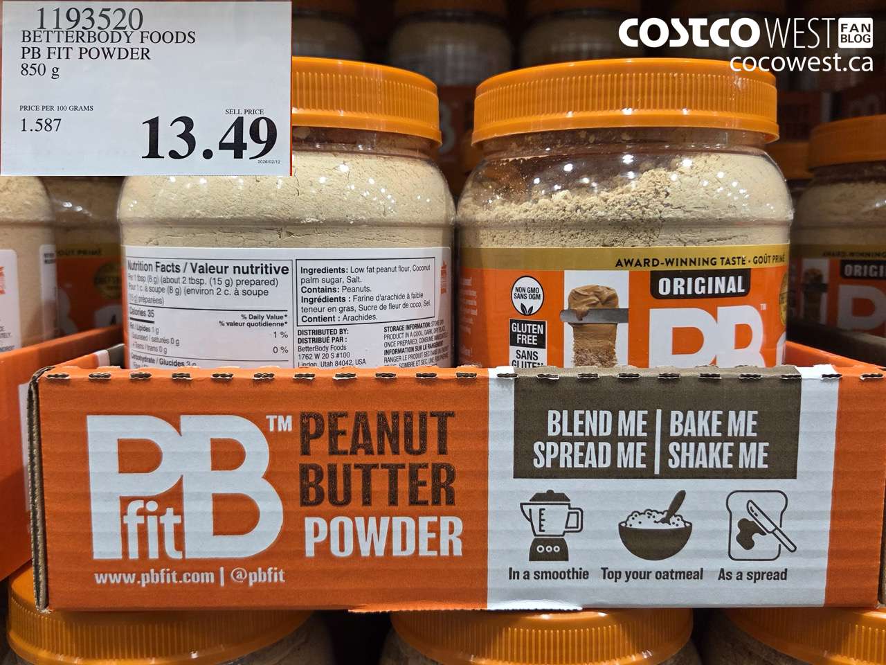 1193520 BETTERBODY FOODS PB FIT POWDER 850 G $13.49
