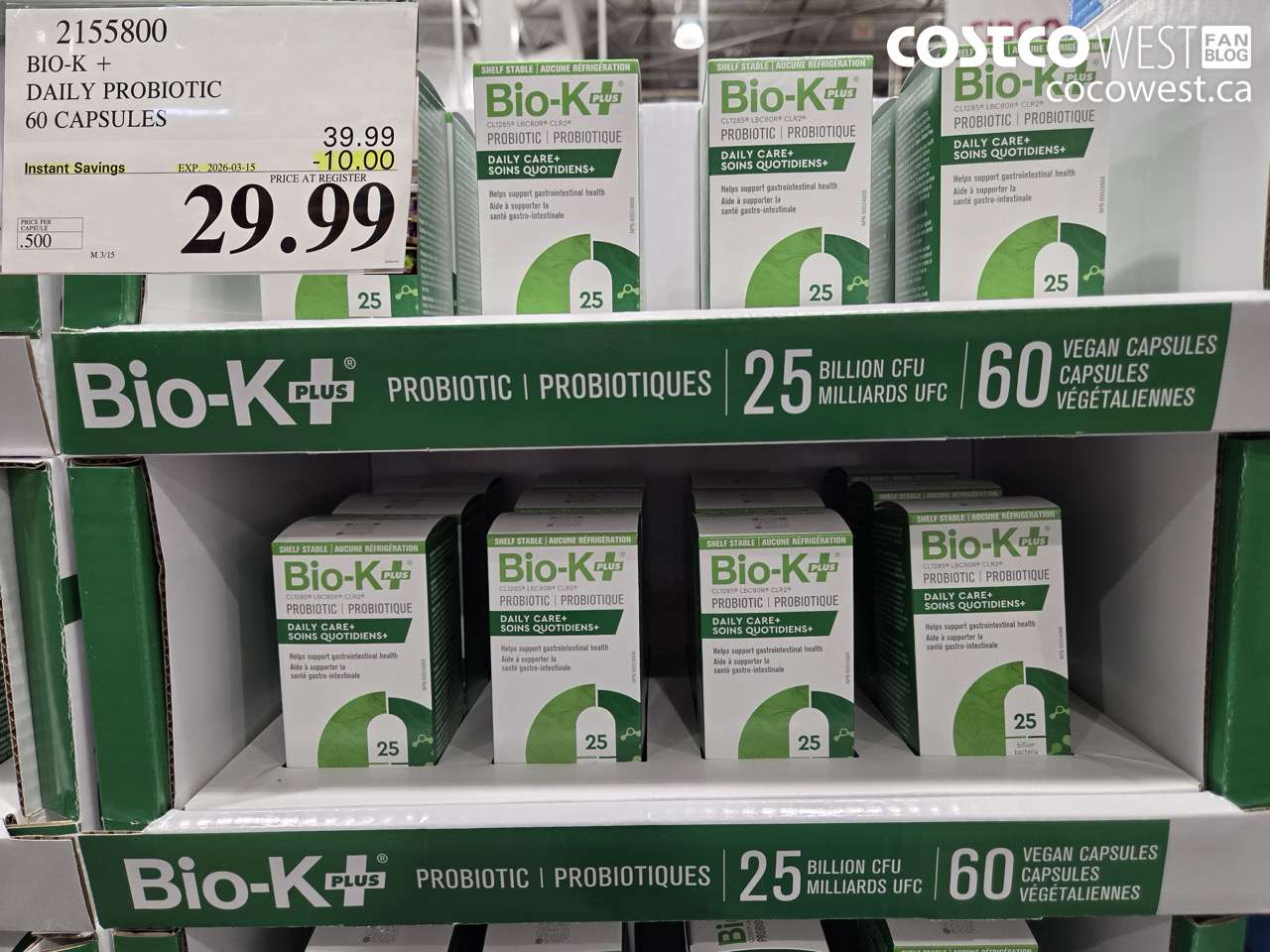 2155800 BIO-K+ DAILY PROBIOTIC 60 CAPSULES ($10.00 INSTANT SAVINGS EXPIRES ON 2026-03-15) $29.99