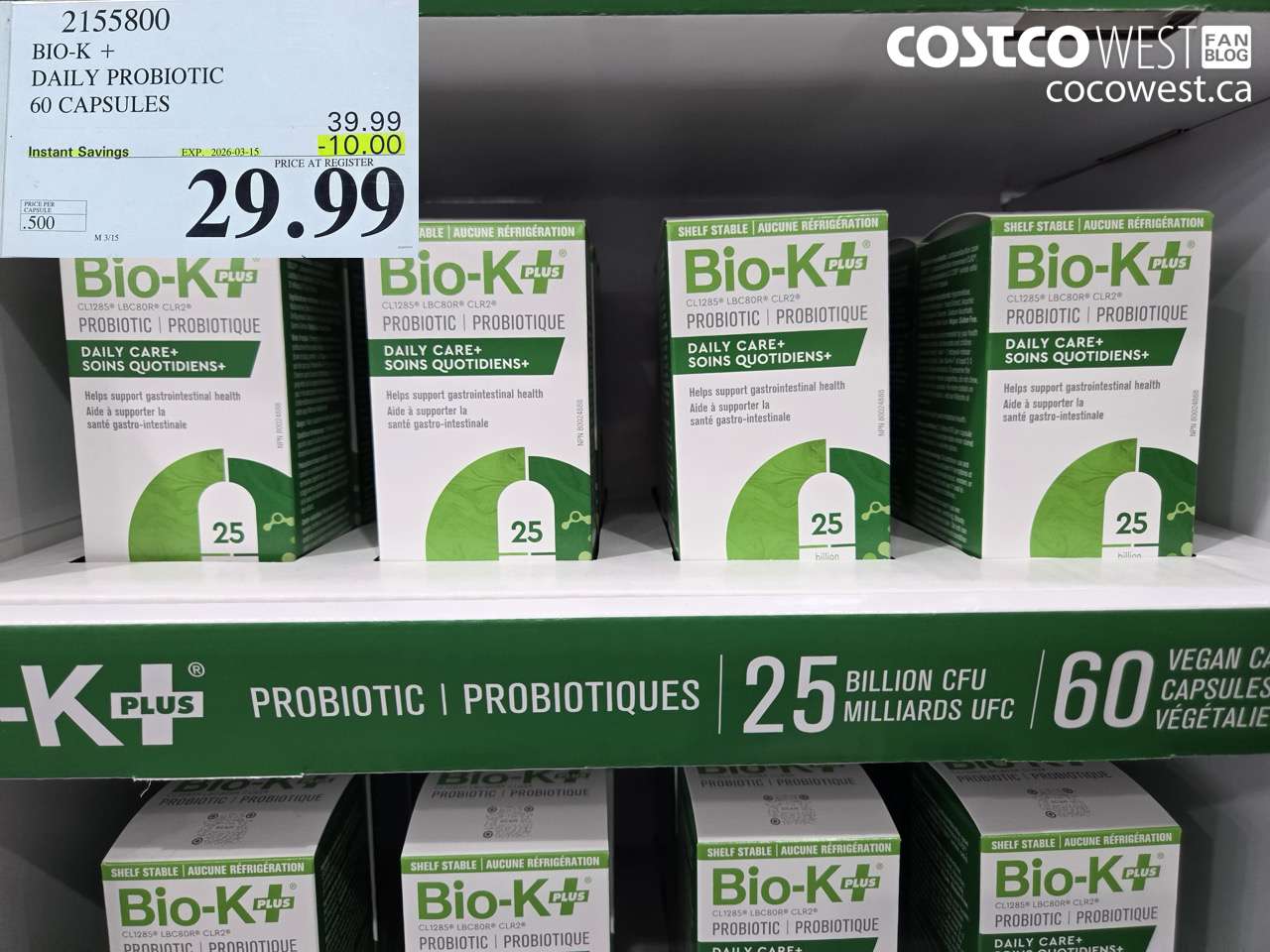 2155800 BIO-K + DAILY PROBIOTIC 60 CAPSULES ($10.00 INSTANT SAVINGS EXPIRES ON 2026-03-15) $29.99