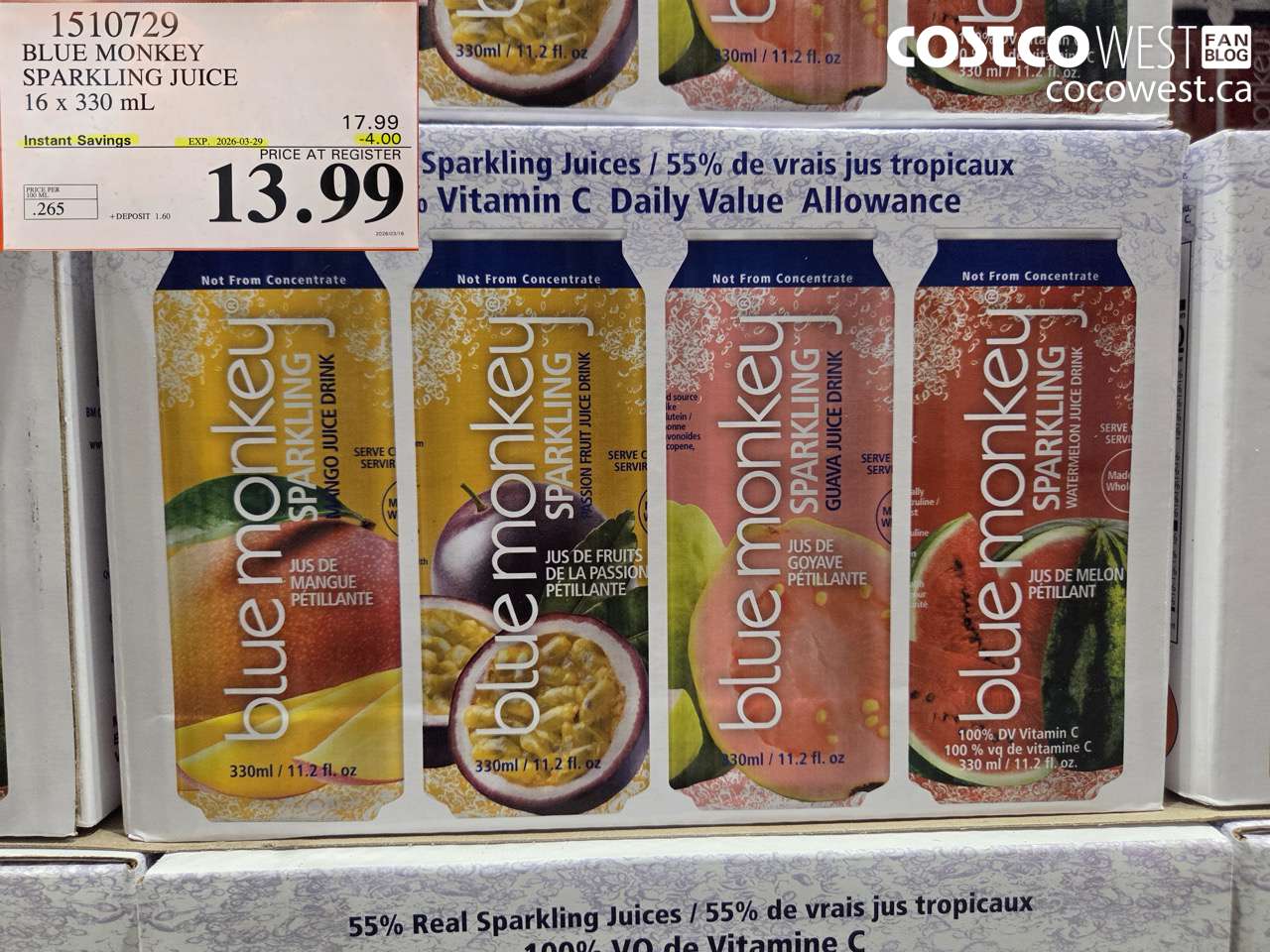 1510729 BLUE MONKEY SPARKLING JUICE 16 X 330 ML ($4.00 INSTANT SAVINGS EXPIRES ON 2026-03-29) $13.99