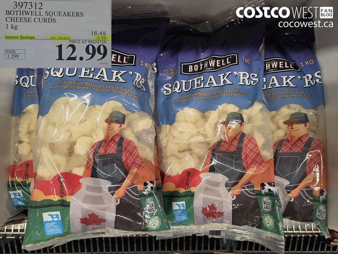 397312 BOTHWELL SQUEAKERS CHEESE CURDS 1 KG ($3.50 INSTANT SAVINGS EXPIRES ON 2026-04-05) $12.99