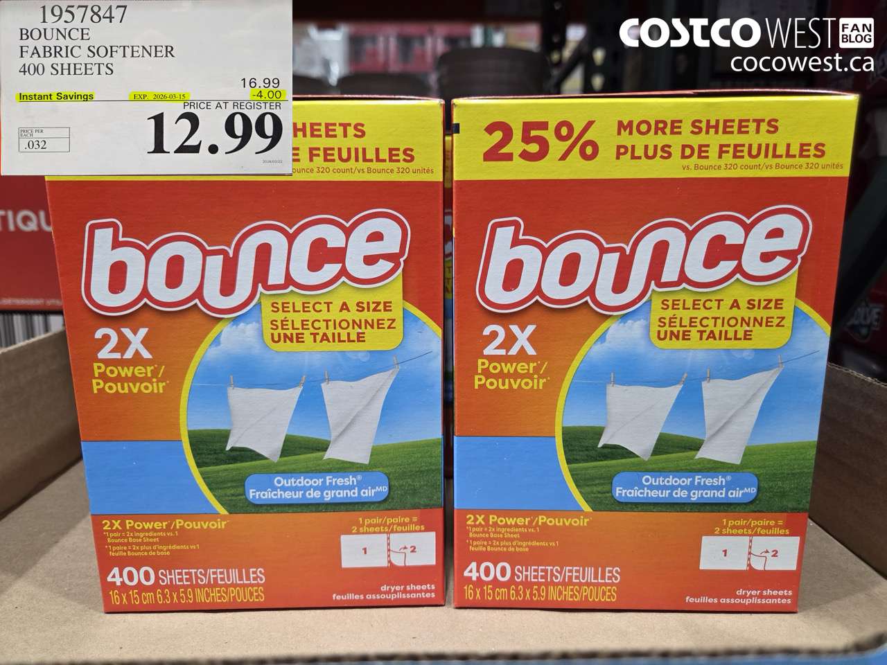 1957847 BOUNCE FABRIC SOFTENER 400 SHEETS ($4.00 INSTANT SAVINGS EXPIRES ON 2026-03-15) $12.99