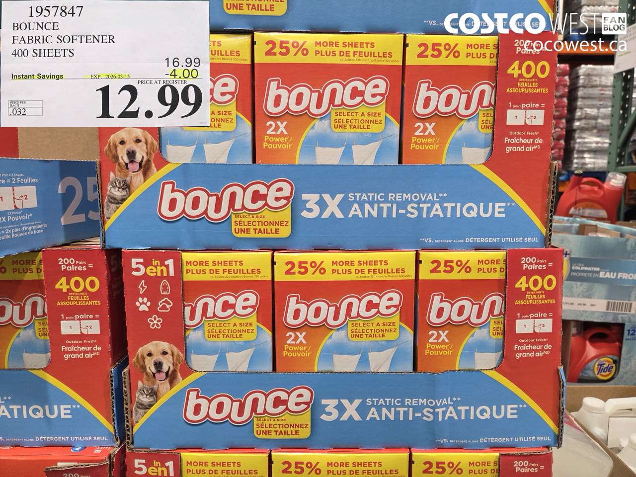 1957847 BOUNCE FABRIC SOFTENER 400 SHEETS ($4.00 INSTANT SAVINGS EXPIRES ON 2026-03-15) $12.99