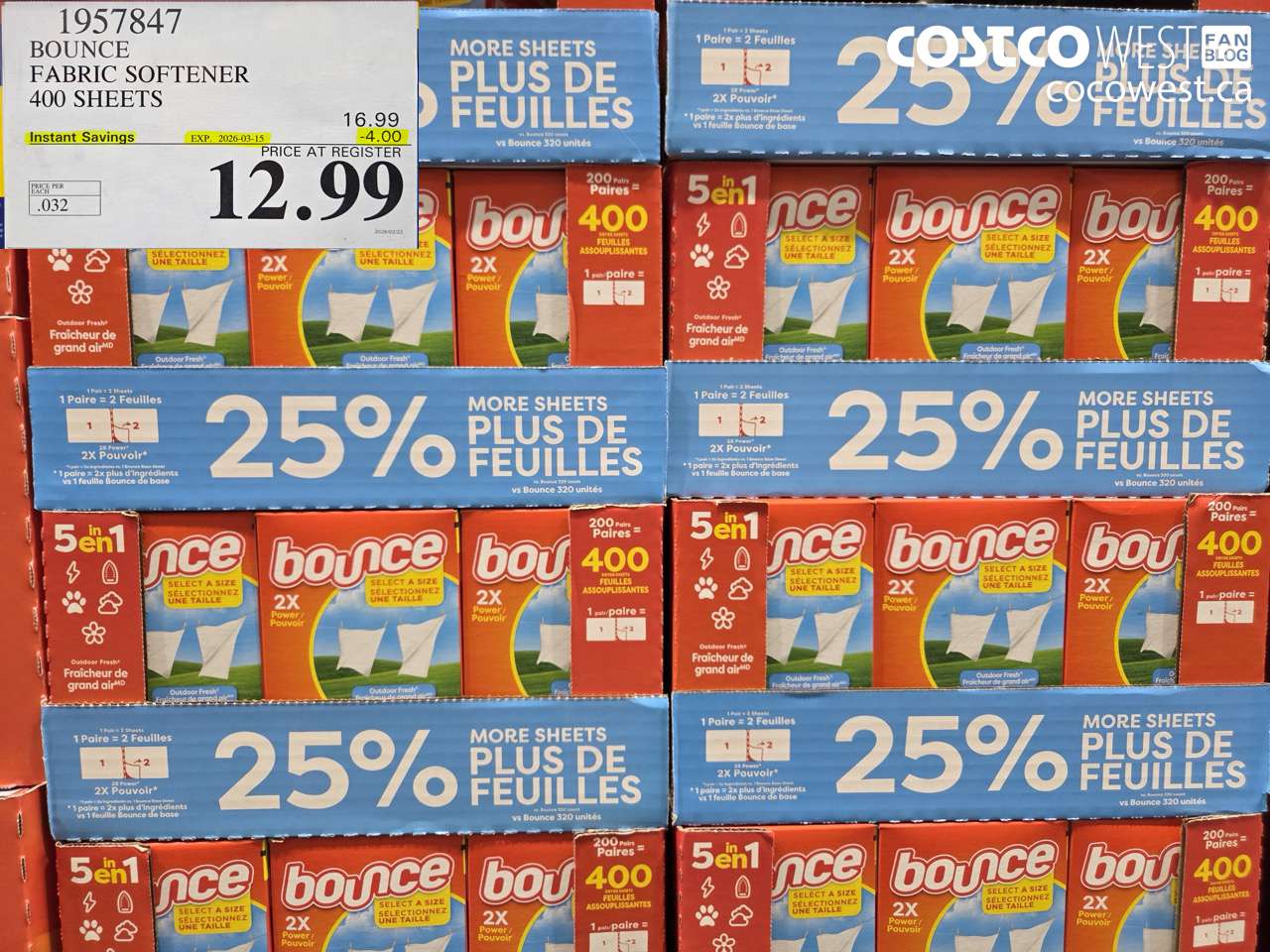 1957847 BOUNCE FABRIC SOFTENER 400 SHEETS ($4.00 INSTANT SAVINGS EXPIRES ON 2026-03-15) $12.99