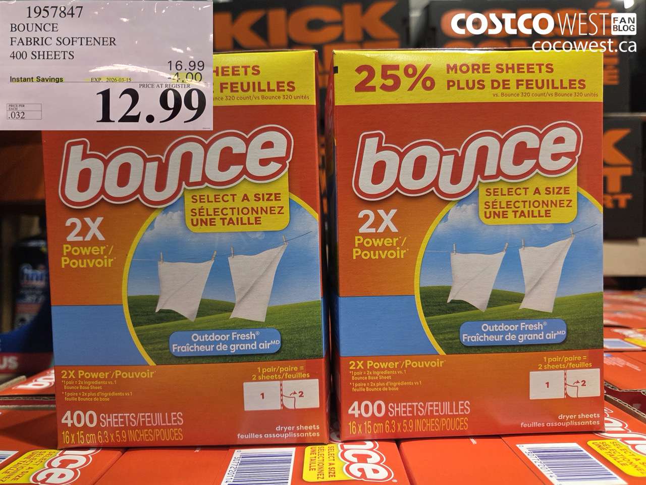 1957847 BOUNCE FABRIC SOFTENER 400 SHEETS ($4.00 INSTANT SAVINGS EXPIRES ON 2026-03-15) $12.99