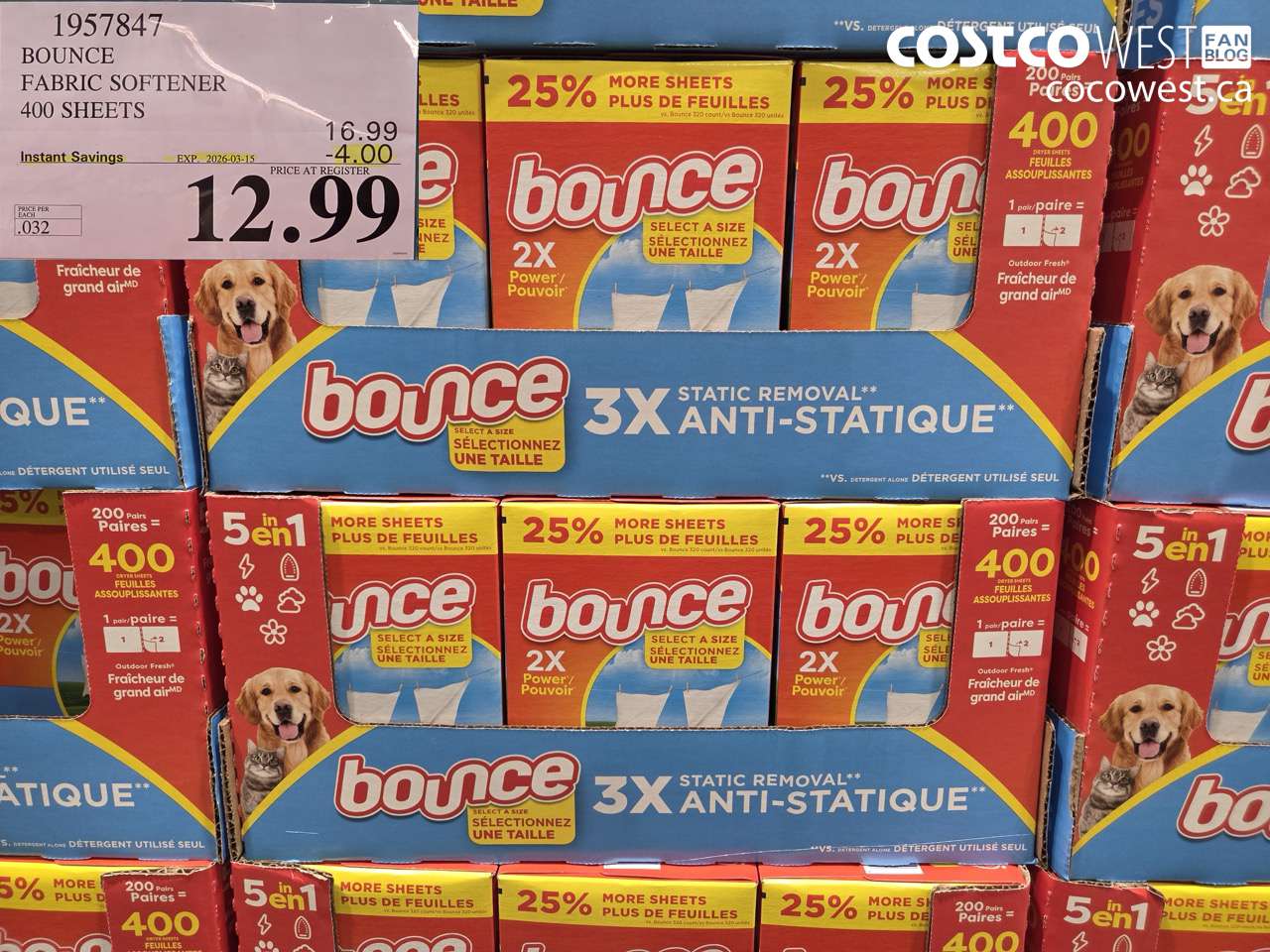 1957847 BOUNCE FABRIC SOFTENER 400 SHEETS ($4.00 INSTANT SAVINGS EXPIRES ON 2026-03-15) $12.99