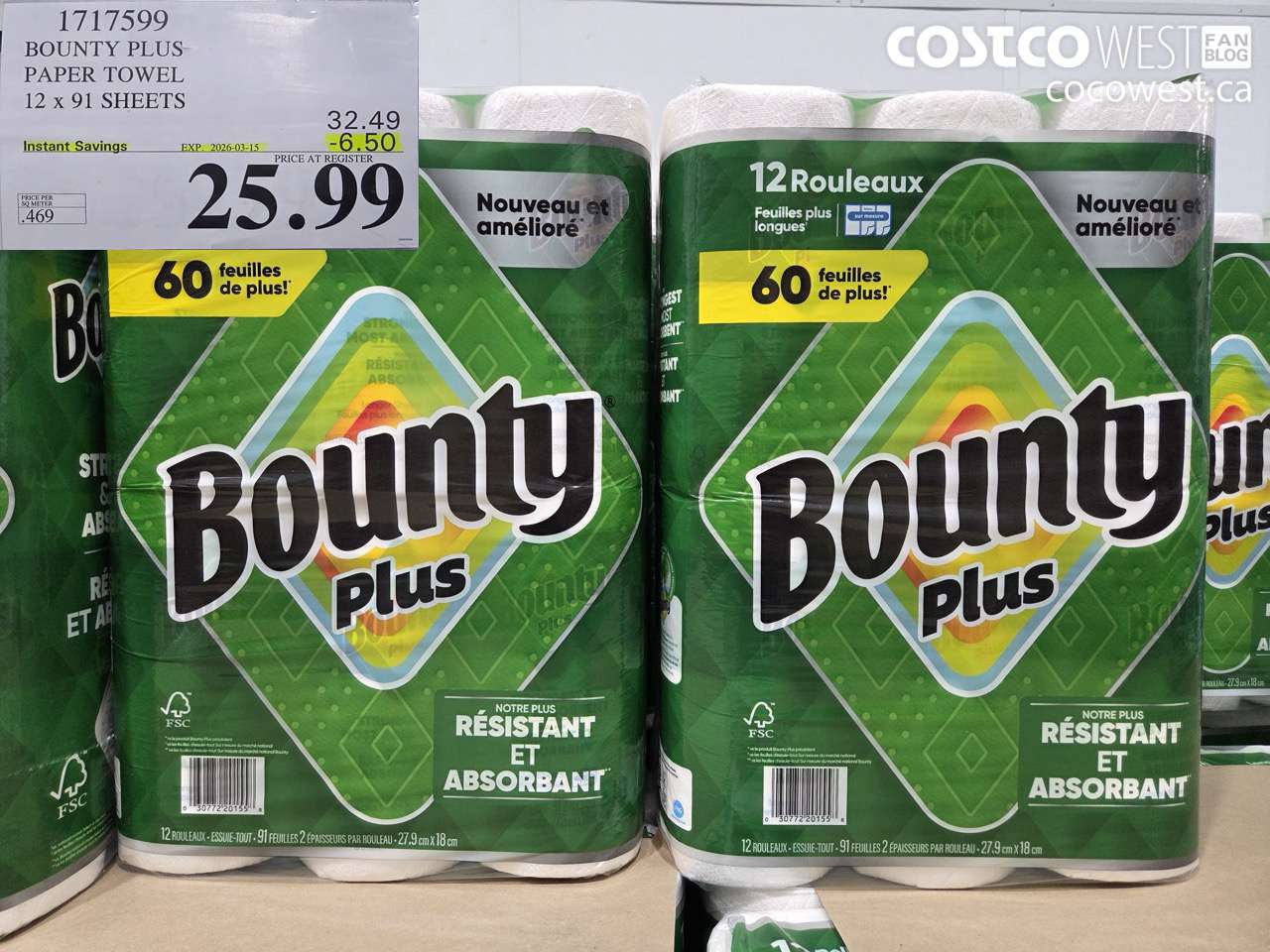 1717599 BOUNTY PLUS PAPER TOWEL 12 X 91 SHEETS ($6.50 INSTANT SAVINGS EXPIRES ON 2026-03-15) $25.99