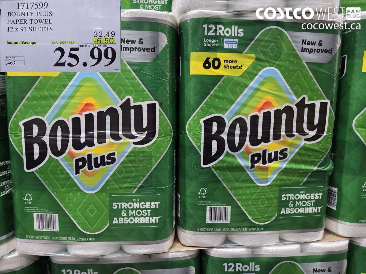1717599 BOUNTY PLUS PAPER TOWEL 12 X 91 SHEETS ($6.50 INSTANT SAVINGS EXPIRES ON 2026-03-15) $25.99