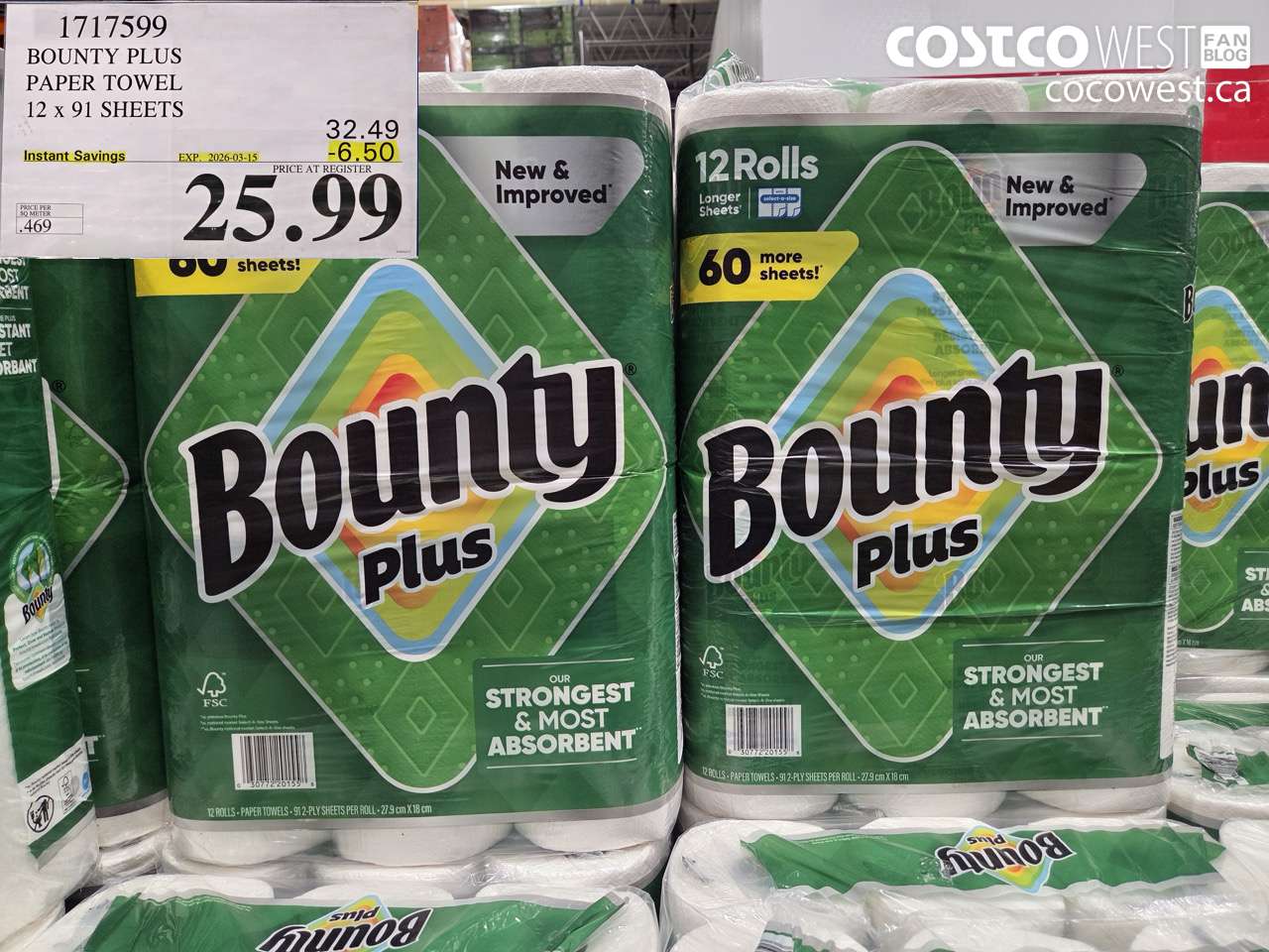 1717599 BOUNTY PLUS PAPER TOWEL 12 X 91 SHEETS ($6.50 INSTANT SAVINGS EXPIRES ON 2026-03-15) $25.99