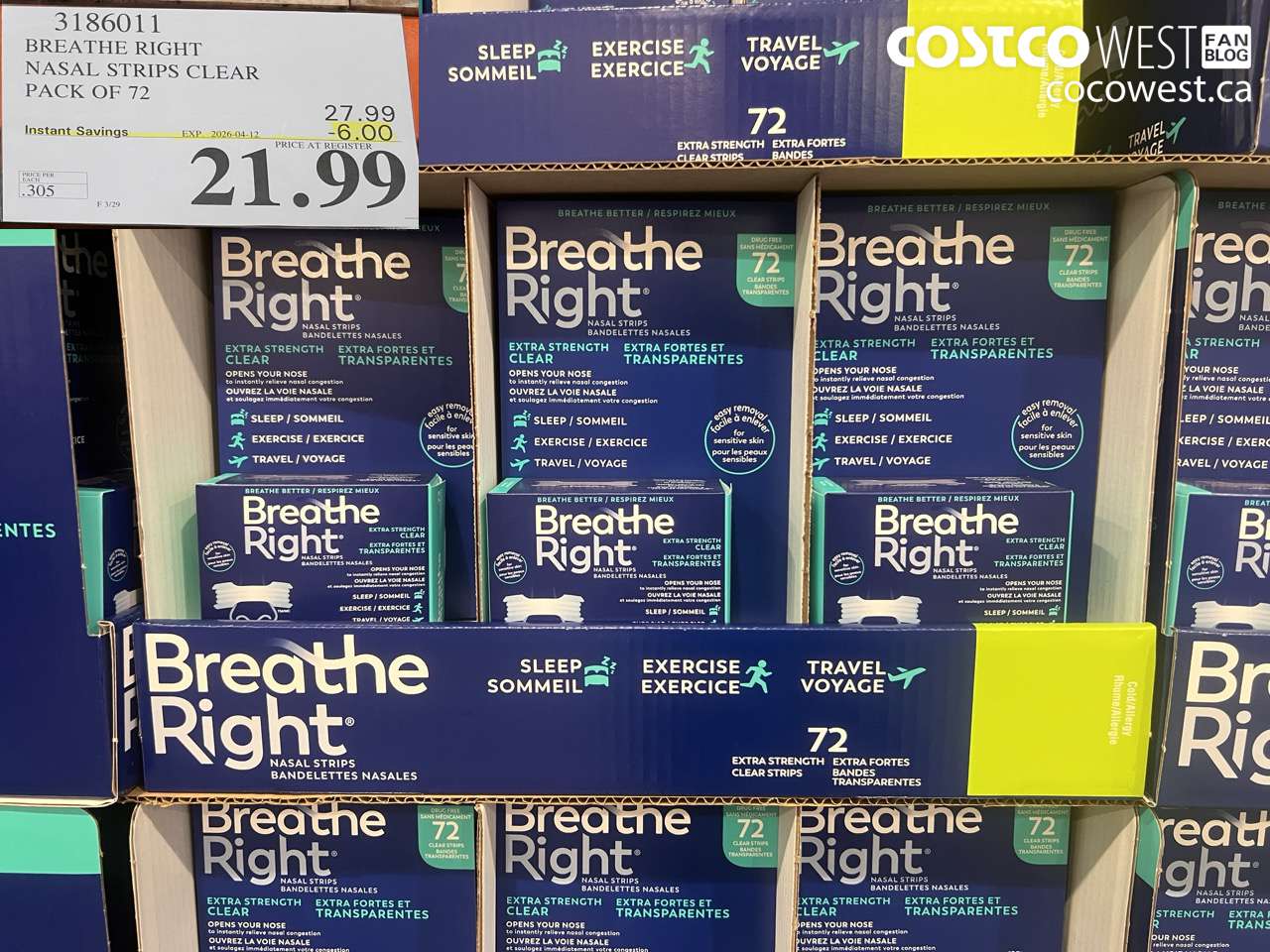 3186011 BREATHE RIGHT NASAL STRIPS CLEAR PACK OF 72 ($6.00 INSTANT SAVINGS EXPIRES ON 2026-04-12) $21.99