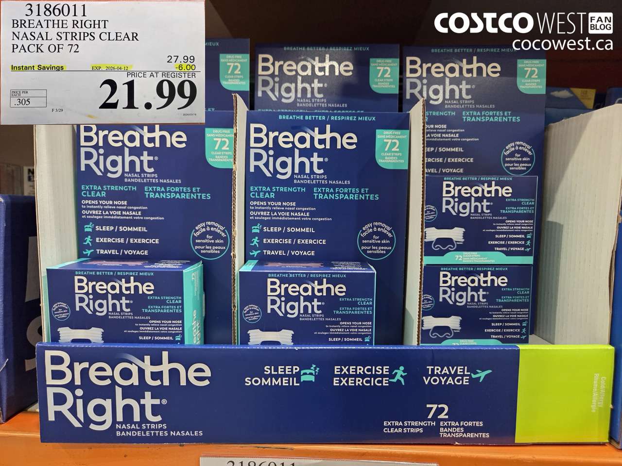 3186011 BREATHE RIGHT NASAL STRIPS CLEAR PACK OF 72 ($6.00 INSTANT SAVINGS EXPIRES ON 2026-04-12) $21.99