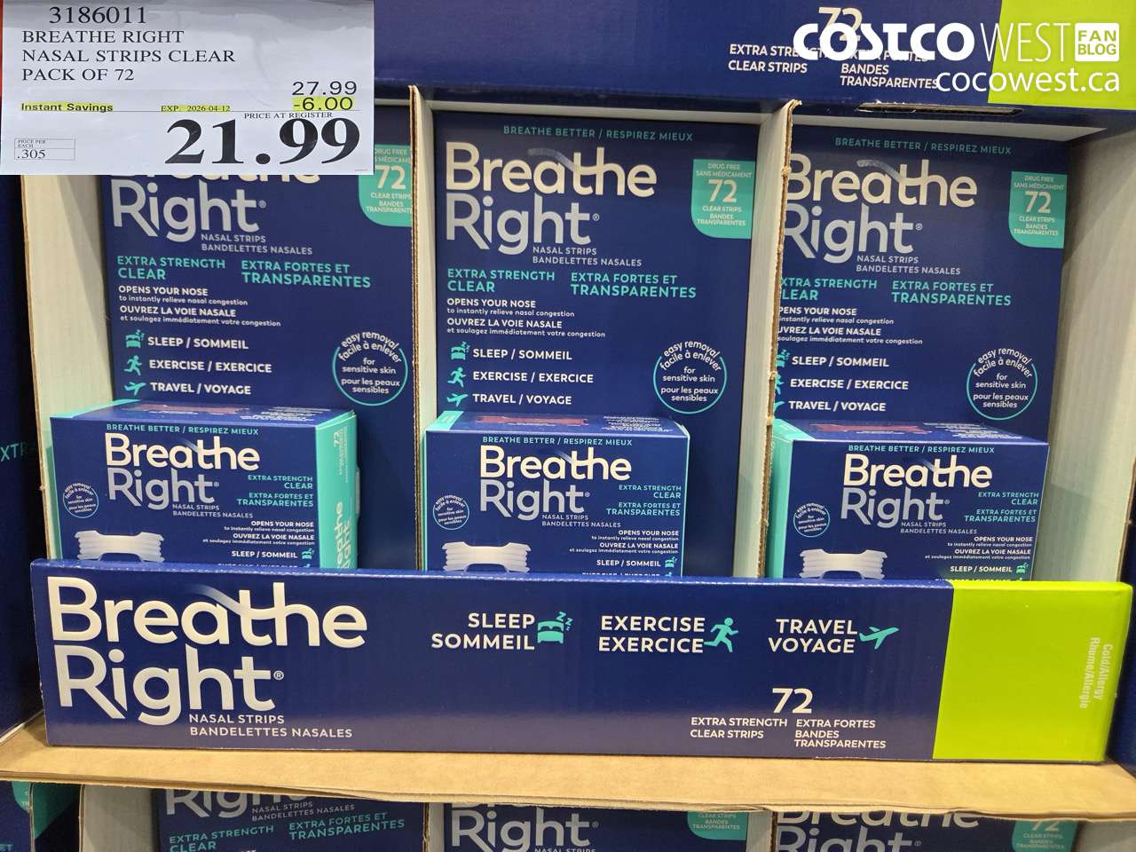3186011 BREATHE RIGHT NASAL STRIPS CLEAR PACK OF 72 ($6.00 INSTANT SAVINGS EXPIRES ON 2026-04-12) $21.99