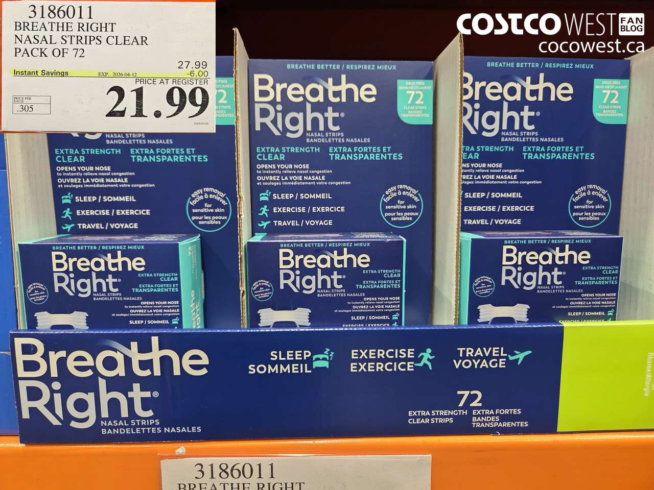 3186011 BREATHE RIGHT NASAL STRIPS CLEAR PACK OF 72 ($6.00 INSTANT SAVINGS EXPIRES ON 2026-04-12) $21.99