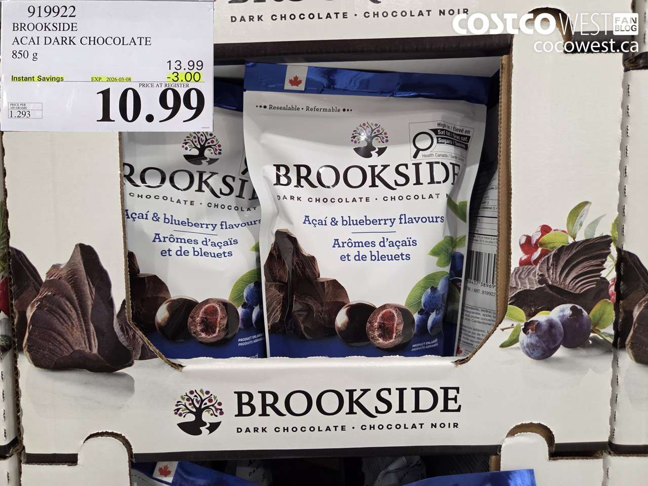 919922 BROOKSIDE ACAI DARK CHOCOLATE 850 G ($3.00 INSTANT SAVINGS EXPIRES ON 2026-03-08) $10.99