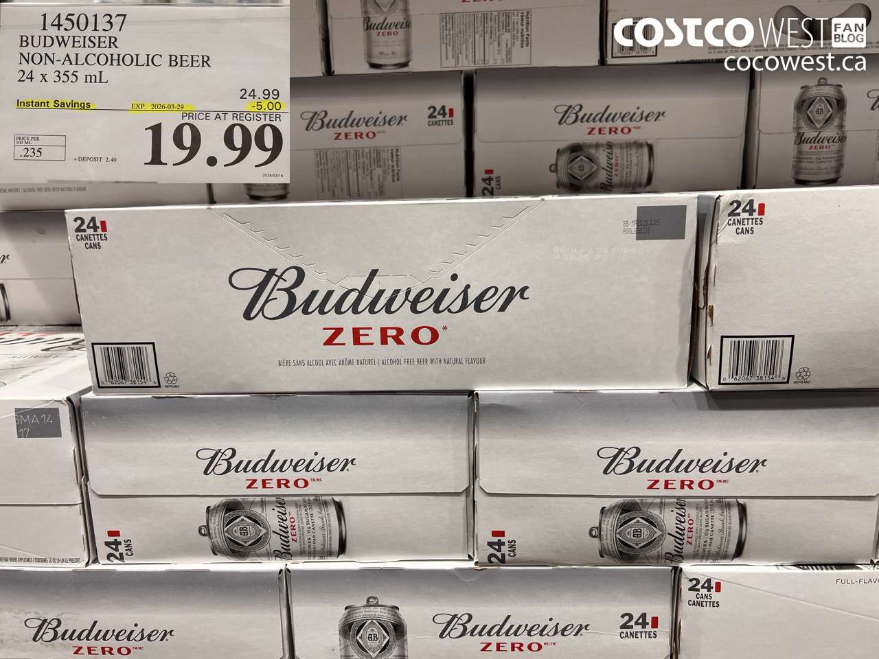 1450137 BUDWEISER NON-ALCOHOLIC BEER 24 X 355 ML ($5.00 INSTANT SAVINGS EXPIRES ON 2026-03-29) $19.99