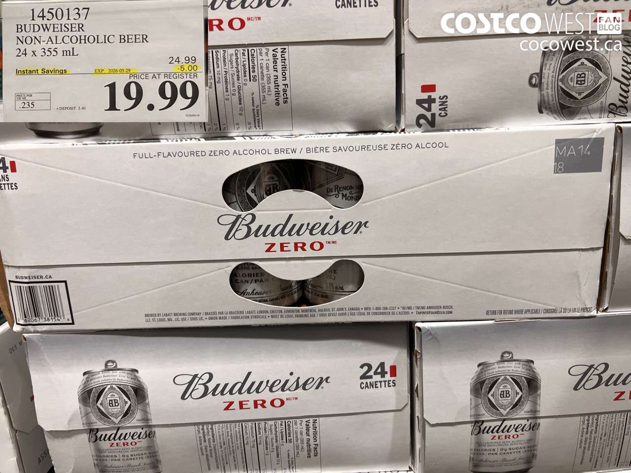 1450137 BUDWEISER NON-ALCOHOLIC BEER 24 X 355 ML ($5.00 INSTANT SAVINGS EXPIRES ON 2026-03-29) $19.99
