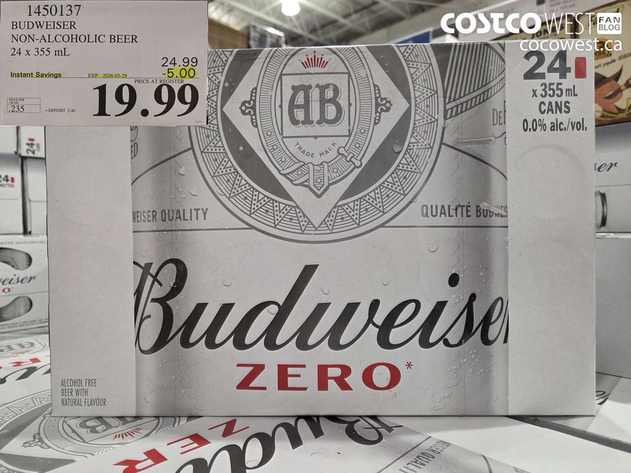 1450137 BUDWEISER NON-ALCOHOLIC BEER 24 X 355 ML ($5.00 INSTANT SAVINGS EXPIRES ON 2026-03-29) $19.99
