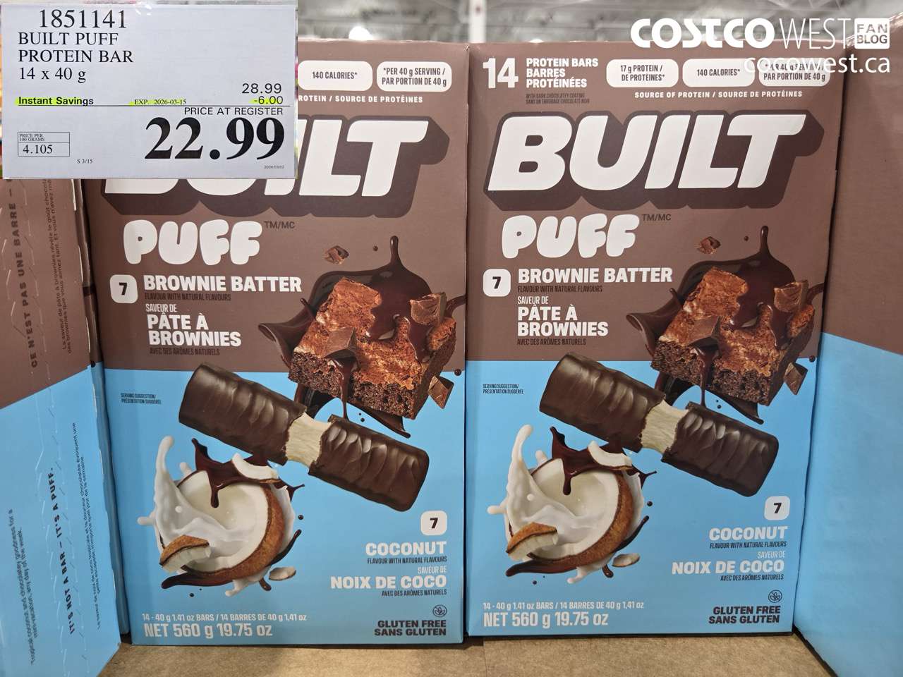 1851141 BUILT PUFF PROTEIN BAR 14 X 40 G ($6.00 INSTANT SAVINGS EXPIRES ON 2026-03-15) $22.99