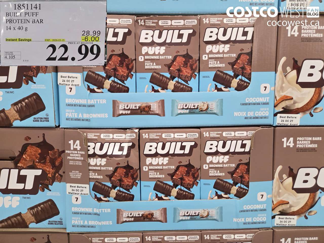1851141 BUILT PUFF PROTEIN BAR 14 X 40 G ($6.00 INSTANT SAVINGS EXPIRES ON 2026-03-15) $22.99