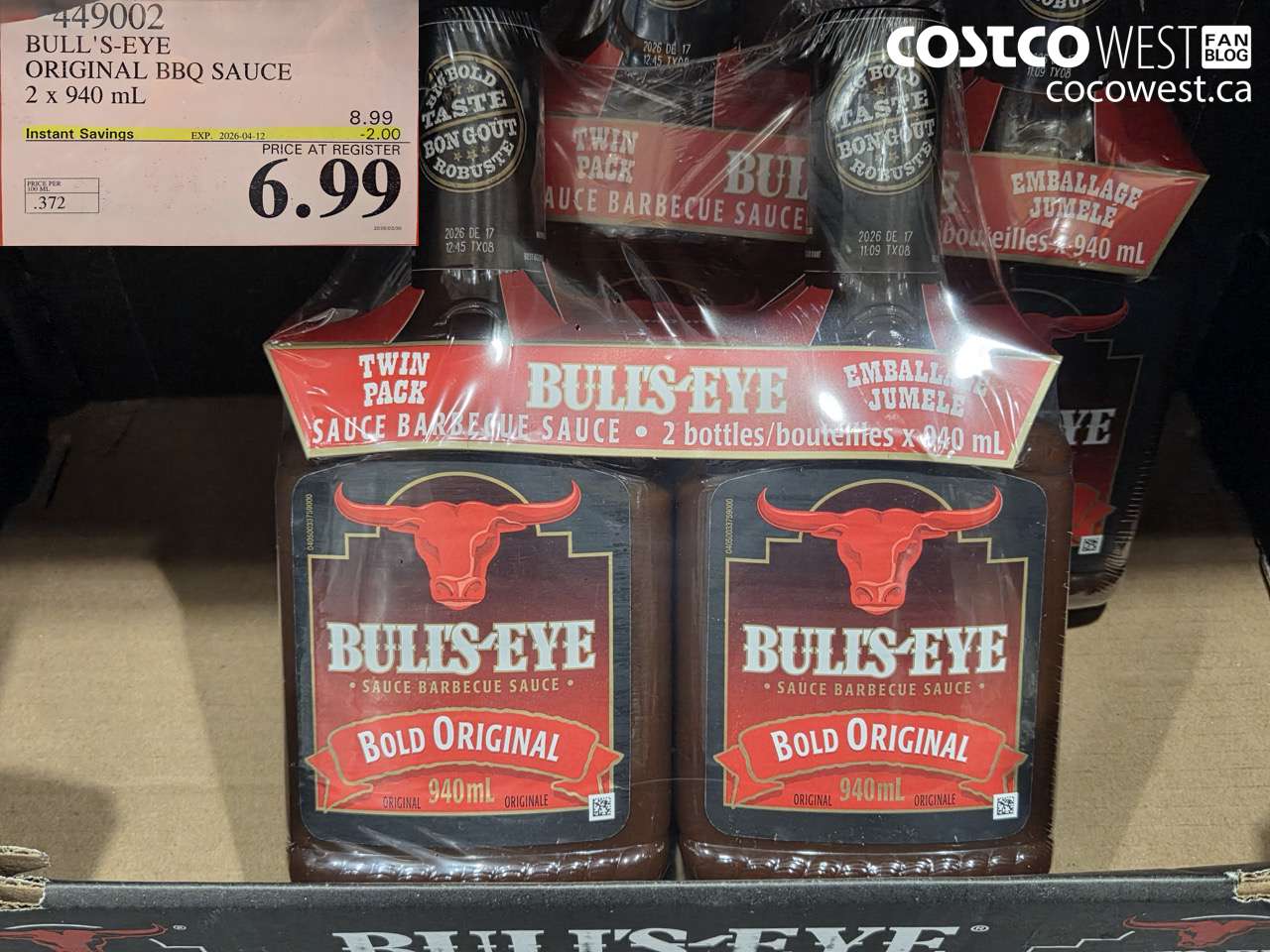 449002 BULL'S-EYE ORIGINAL BBQ SAUCE 2 X 940 ML ($2.00 INSTANT SAVINGS EXPIRES ON 2026-04-12) $6.99