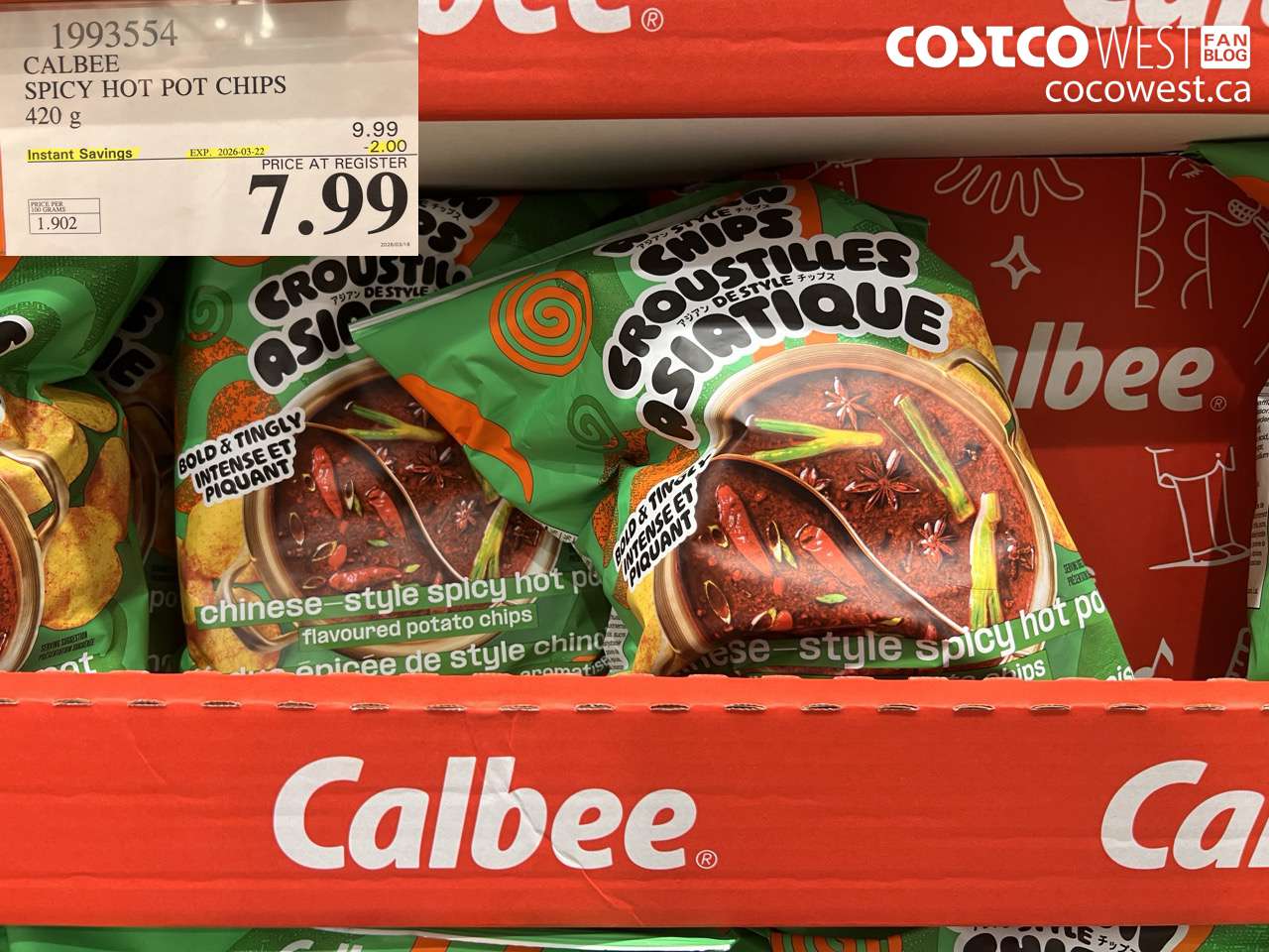 1993554 CALBEE SPICY HOT POT CHIPS 420G ($2.00 INSTANT SAVINGS EXPIRES ON 2026-03-22) $7.99