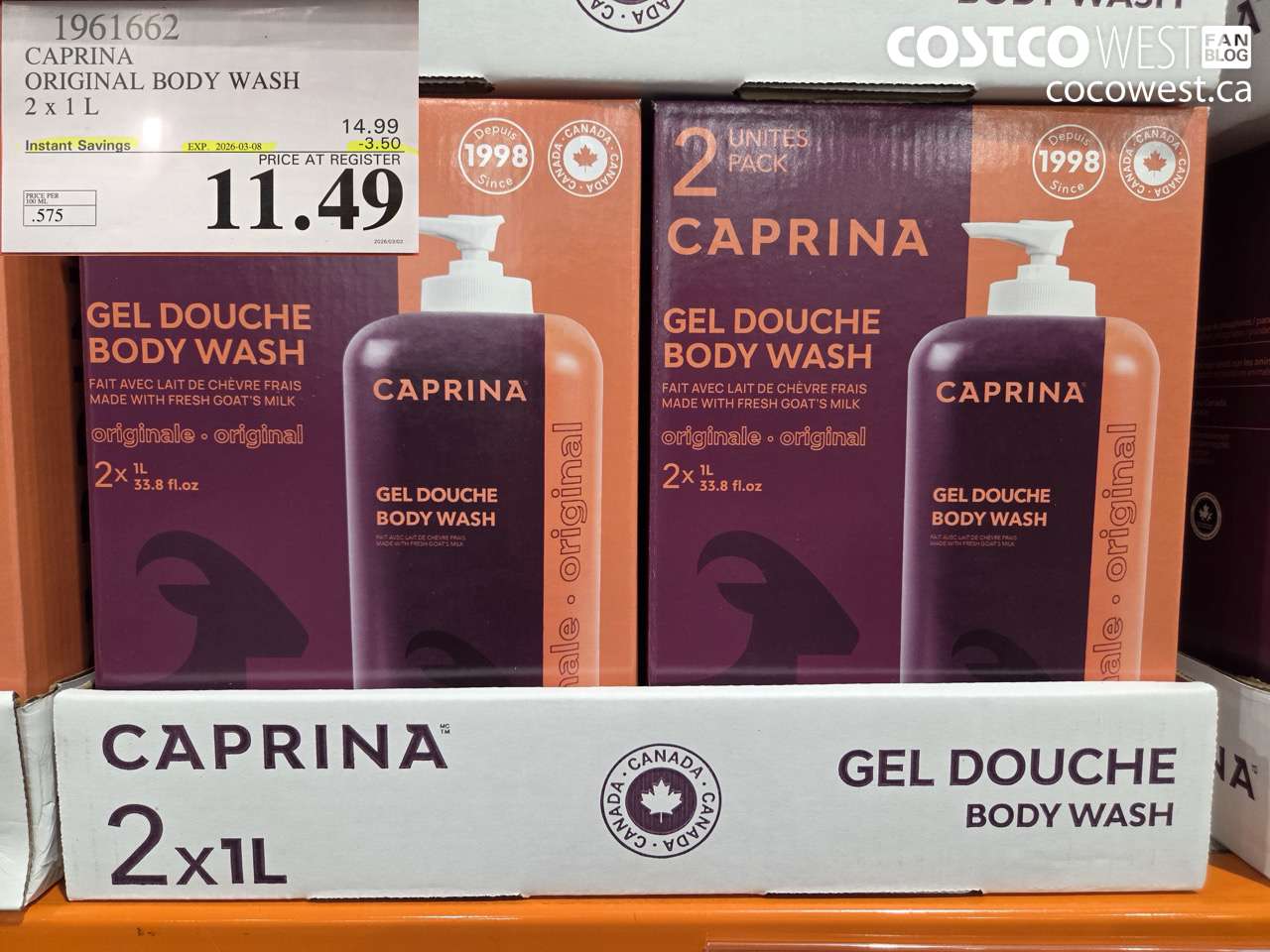 1961662 CAPRINA ORIGINAL BODY WASH 2 X 1 L ($3.50 INSTANT SAVINGS EXPIRES ON 2026-03-08) $11.49