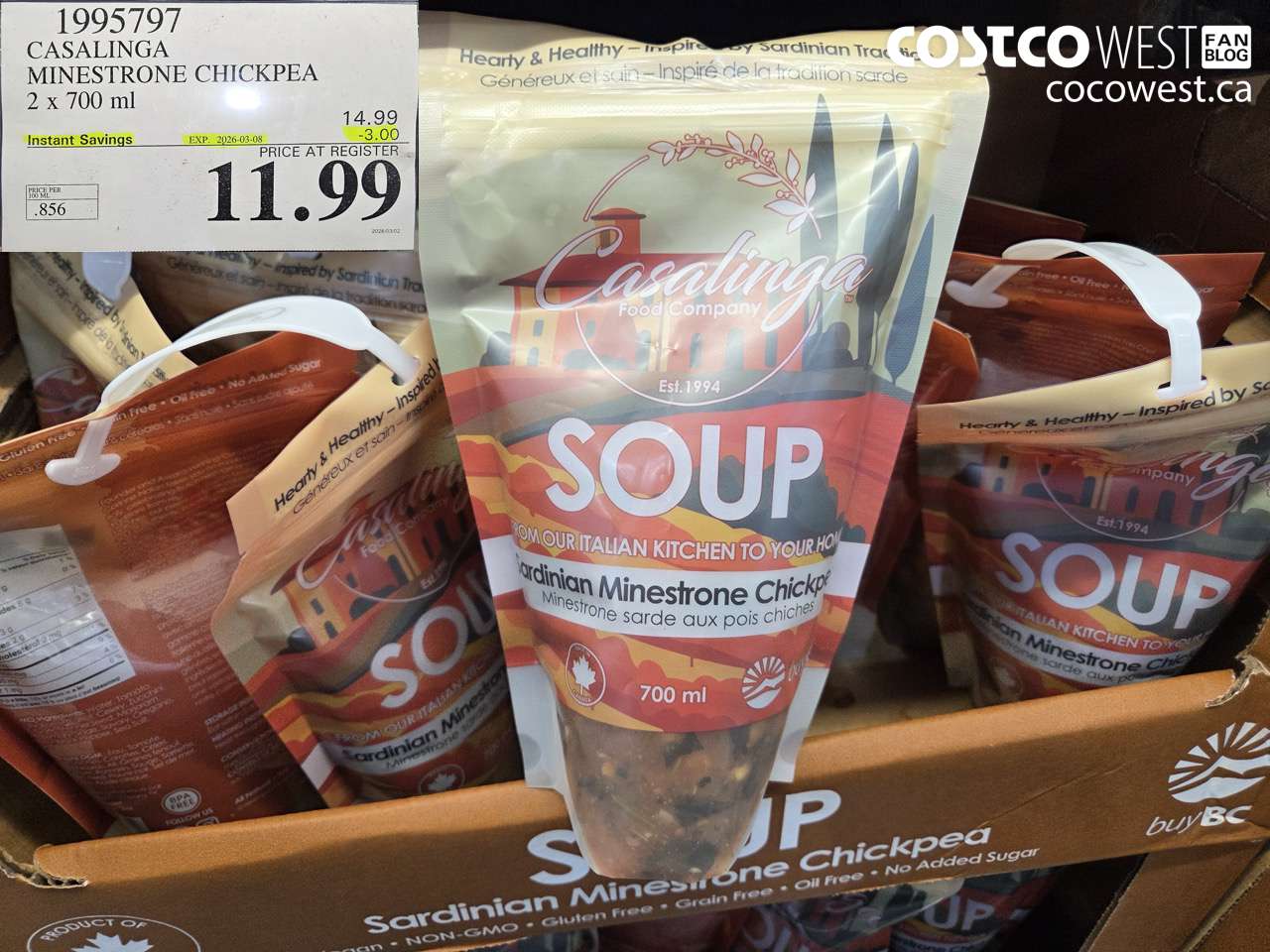 1995797 CASALINGA MINESTRONE CHICKPEA 2 X 700 ML ($3.00 INSTANT SAVINGS EXPIRES ON 2026-03-08) $11.99