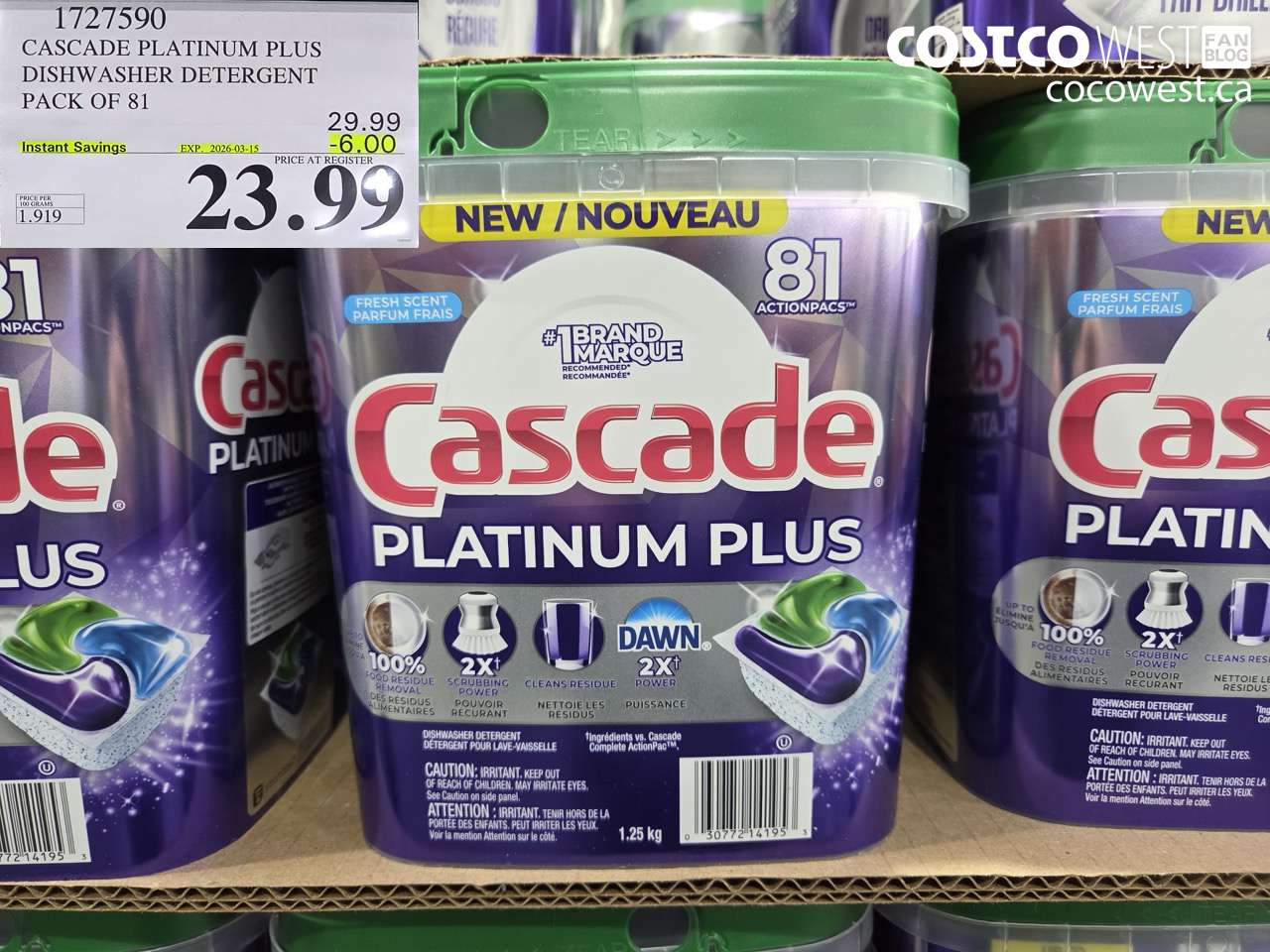 1727590 CASCADE PLATINUM PLUS DISHWASHER DETERGENT PACK OF 81 ($6.00 INSTANT SAVINGS EXPIRES ON 2026-03-15) $23.99