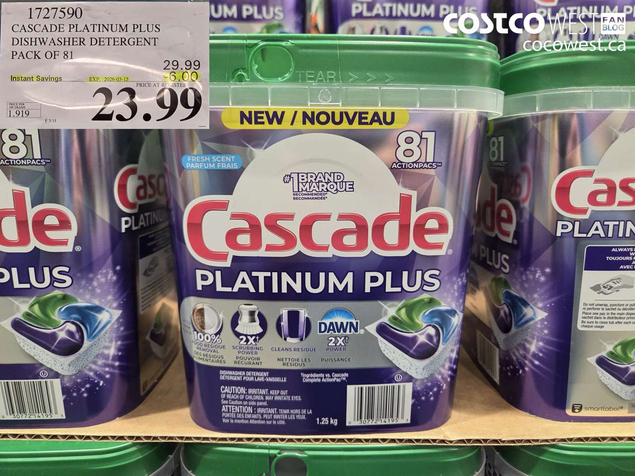 1727590 CASCADE PLATINUM PLUS DISHWASHER DETERGENT PACK OF 81 ($6.00 INSTANT SAVINGS EXPIRES ON 2026-03-15) $23.99