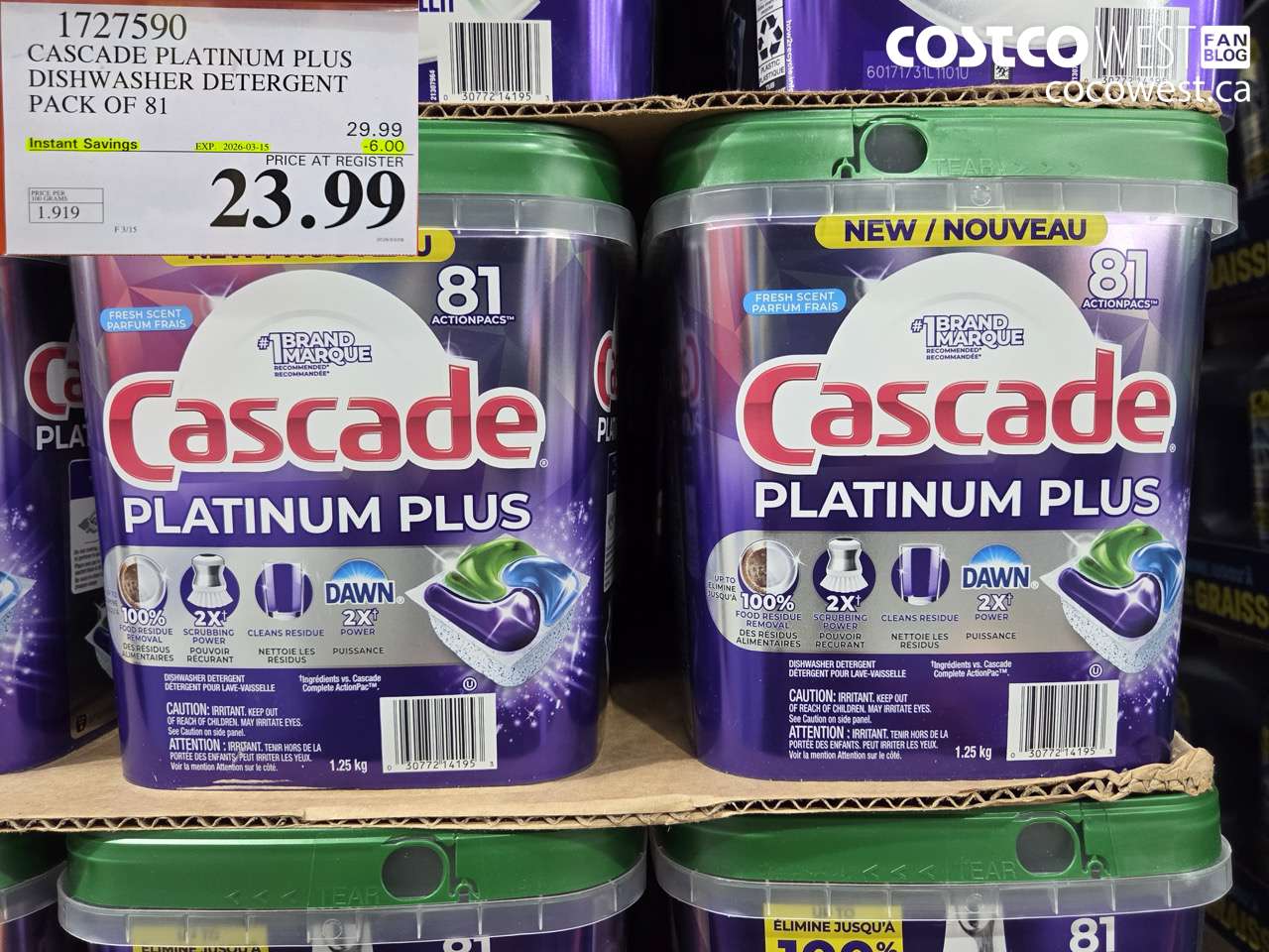 1727590 CASCADE PLATINUM PLUS DISHWASHER DETERGENT PACK OF 81 ($6.00 INSTANT SAVINGS EXPIRES ON 2026-03-15) $23.99