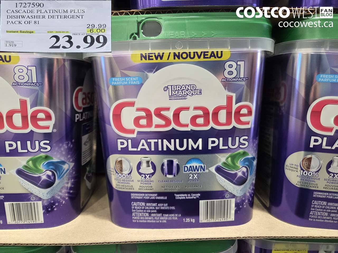 1727590 CASCADE PLATINUM PLUS DISHWASHER DETERGENT PACK OF 81 ($6.00 INSTANT SAVINGS EXPIRES ON 2026-03-15) $23.99