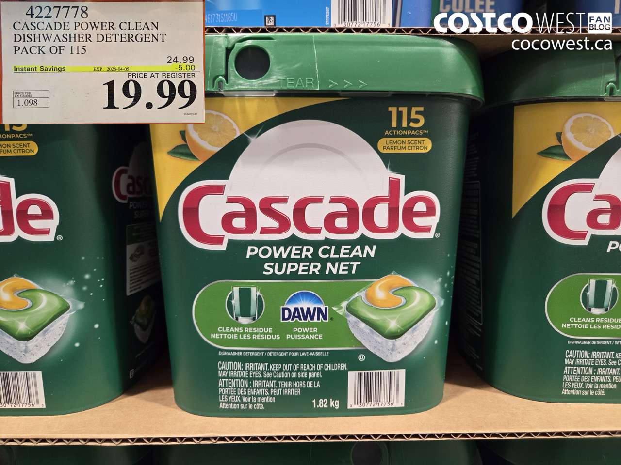 4227778 CASCADE POWER CLEAN DISHWASHER DETERGENT PACK OF 115 ($5.00 INSTANT SAVINGS EXPIRES ON 2026-04-05) $19.99