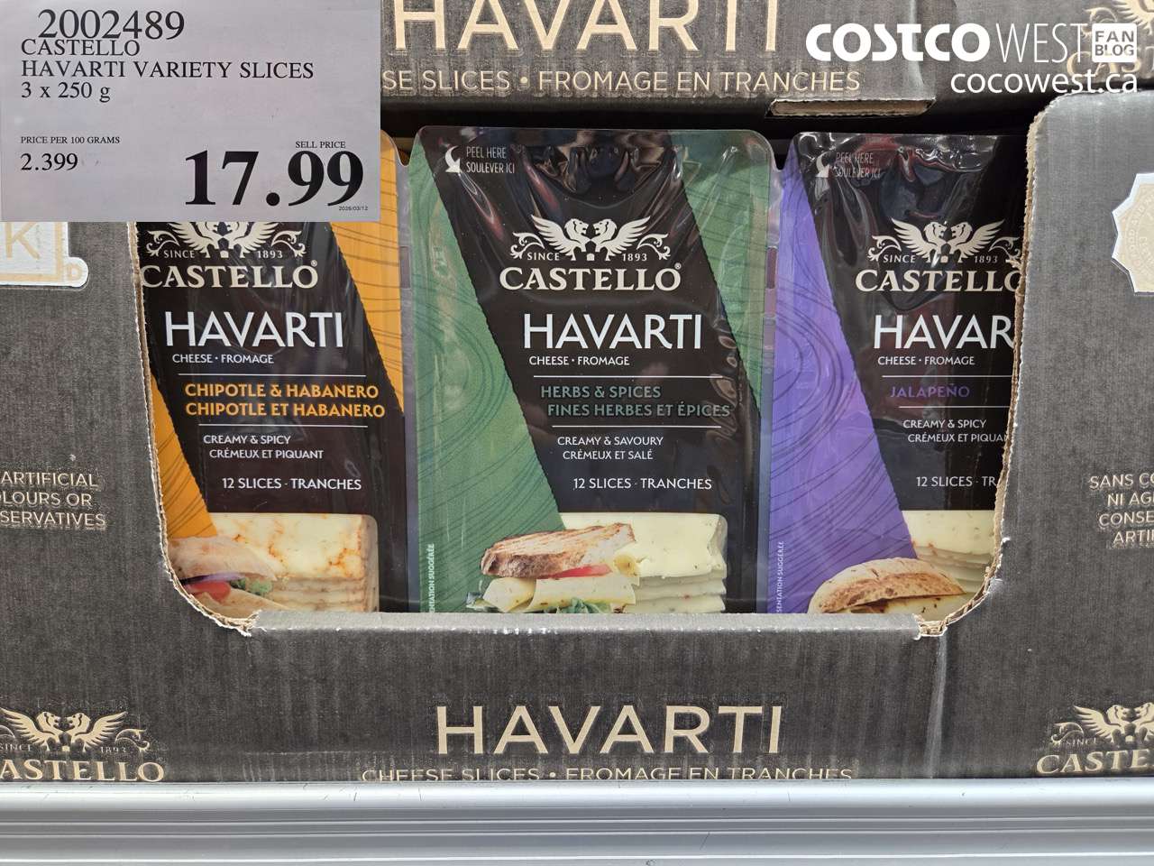 2002489 CASTELLO HAVARTI VARIETY SLICES 3 X 250 G $17.99