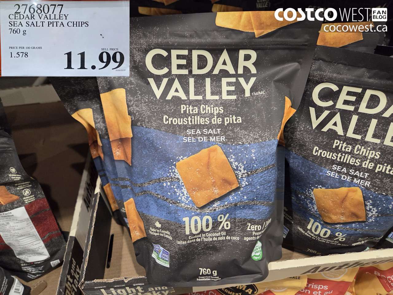 2768077 CEDAR VALLEY SEA SALT PITA CHIPS 760 G $11.99
