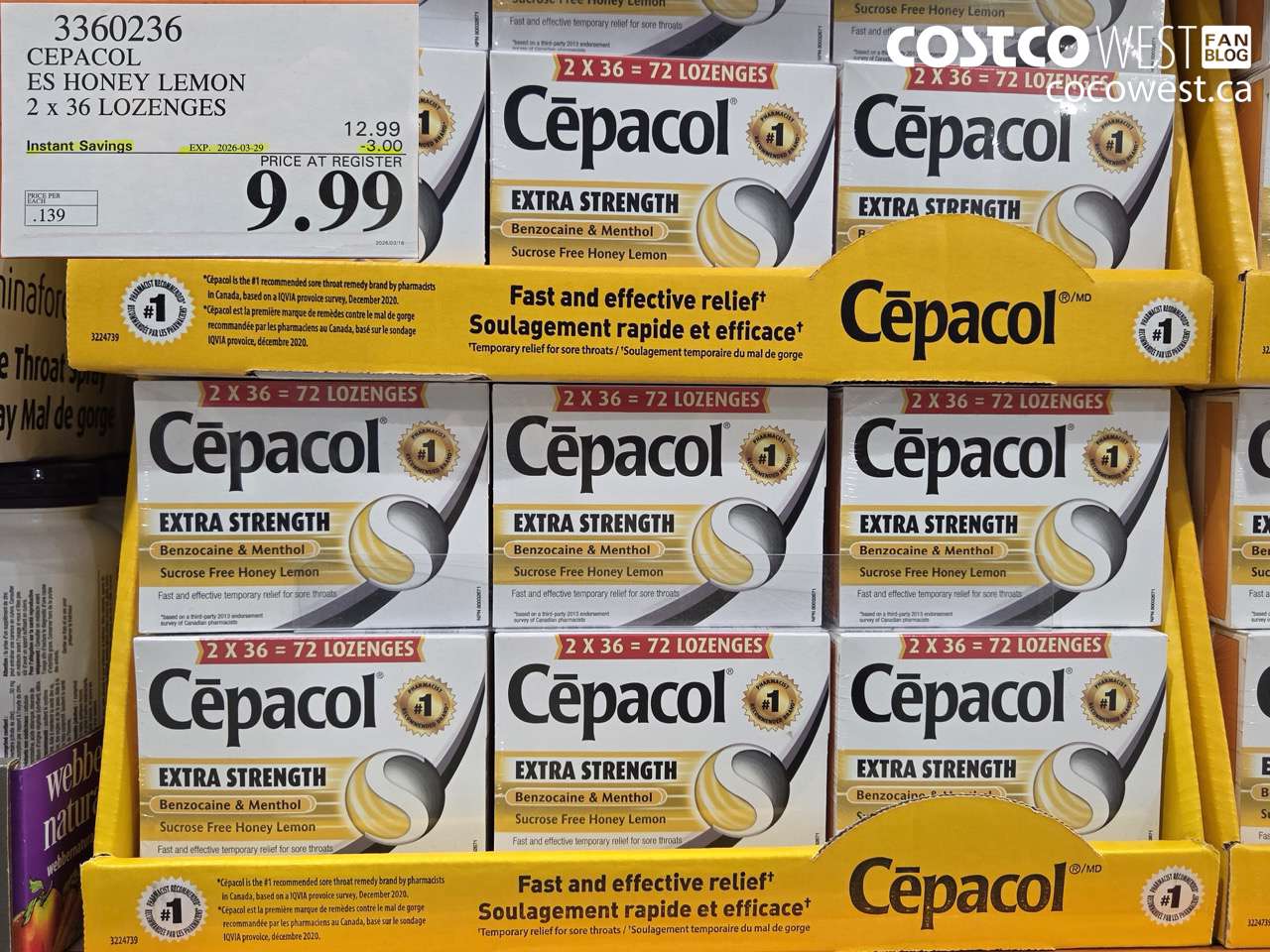 3360236 CEPACOL ES HONEY LEMON 2 X 36 LOZENGES ($3.00 INSTANT SAVINGS EXPIRES ON 2026-03-29) $9.99