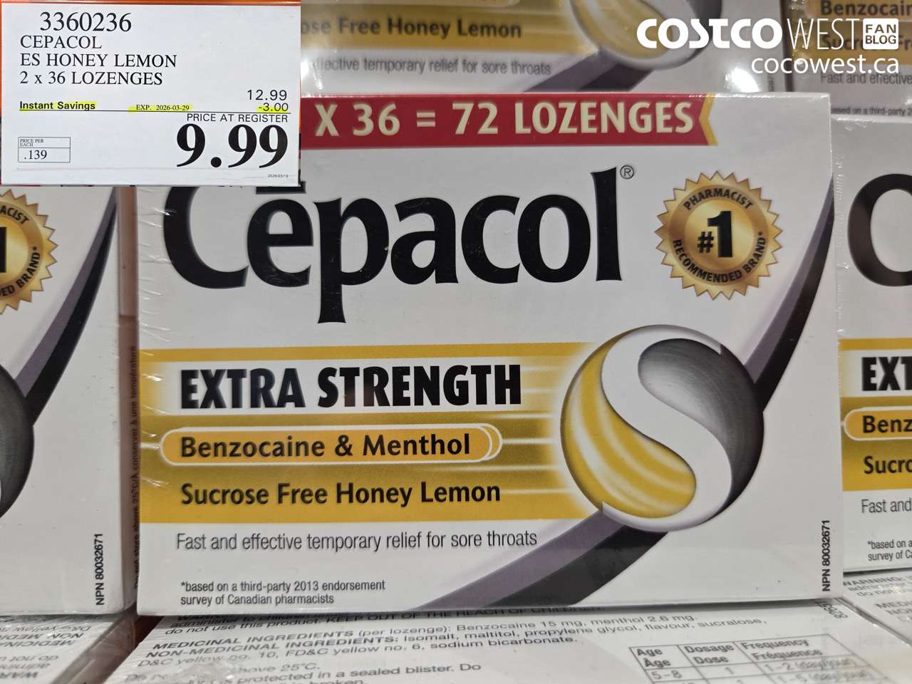 3360236 CEPACOL ES HONEY LEMON 2 X 36 LOZENGES ($3.00 INSTANT SAVINGS EXPIRES ON 2026-03-29) $9.99