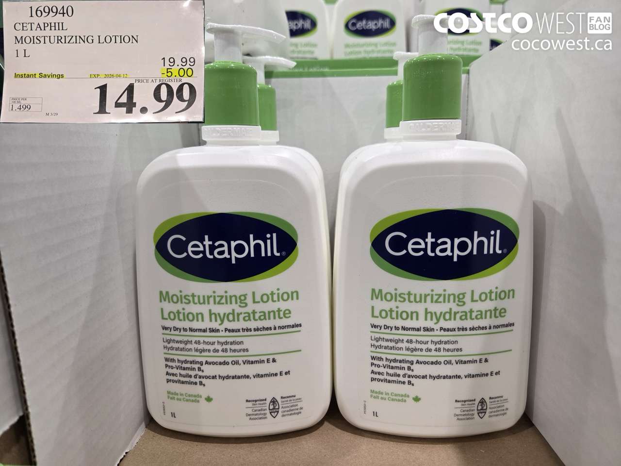 169940 CETAPHIL MOISTURIZING LOTION 1 L ($5.00 INSTANT SAVINGS EXPIRES ON 2026-04-12) $14.99
