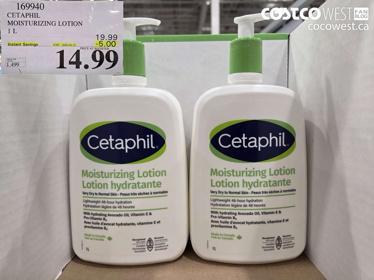 169940 CETAPHIL MOISTURIZING LOTION 1 L ($5.00 INSTANT SAVINGS EXPIRES ON 2026-04-12) $14.99